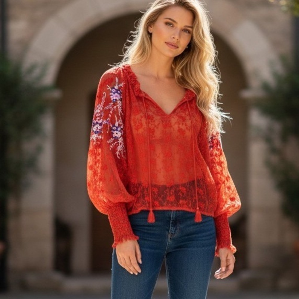 Free People Red Lace Embroidered Tassel Peasant Blouse Large